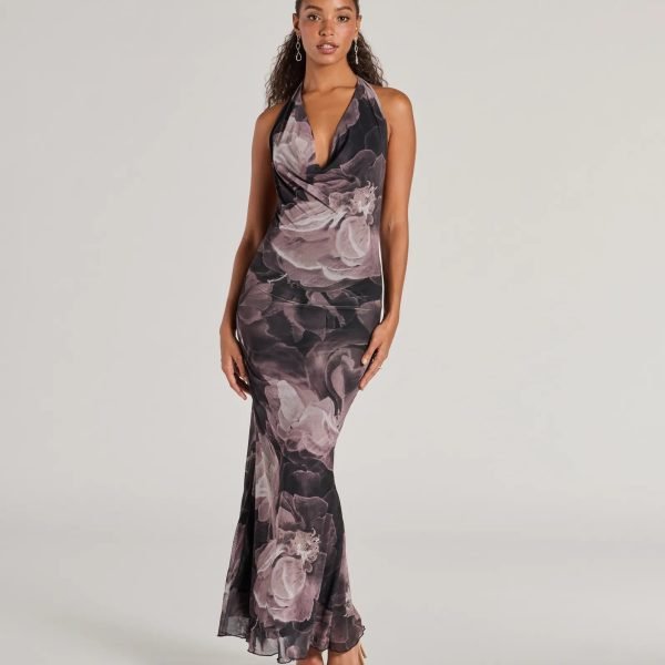 Drama-Worthy Abstract Floral Mesh Maxi Dress